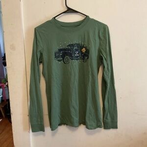 Life Is Good Women's Olive Green Long-Sleeve Tee with Navy Truck Graphic
